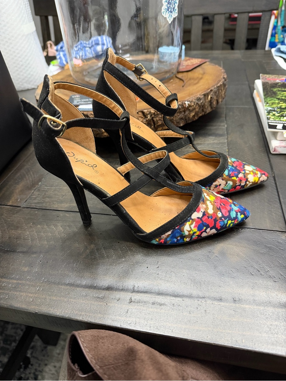 Dyeable Black Strappy Pointed-Toe Heels with Multicolor Floral Toe